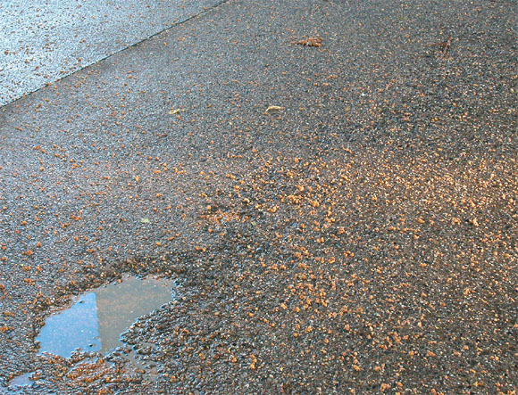 Wolfsburger Weg, Stra&szlig;enbelag, Fahrbahn, nach Regen 