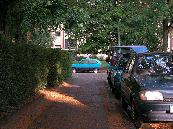 Wolfsburger Weg am Morgen, Blick in Richtung Steinhellenweg. Bl&uuml;tenpollen. Auto, blau 